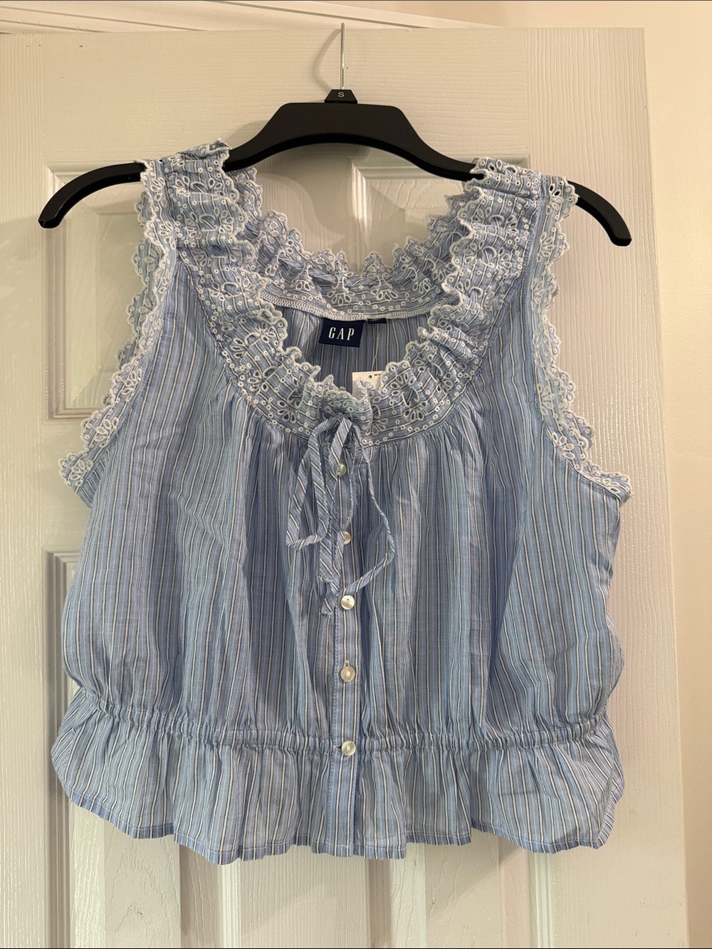 GAP Light Blue Striped Sleeveless Lace-Trim Ruffle Top